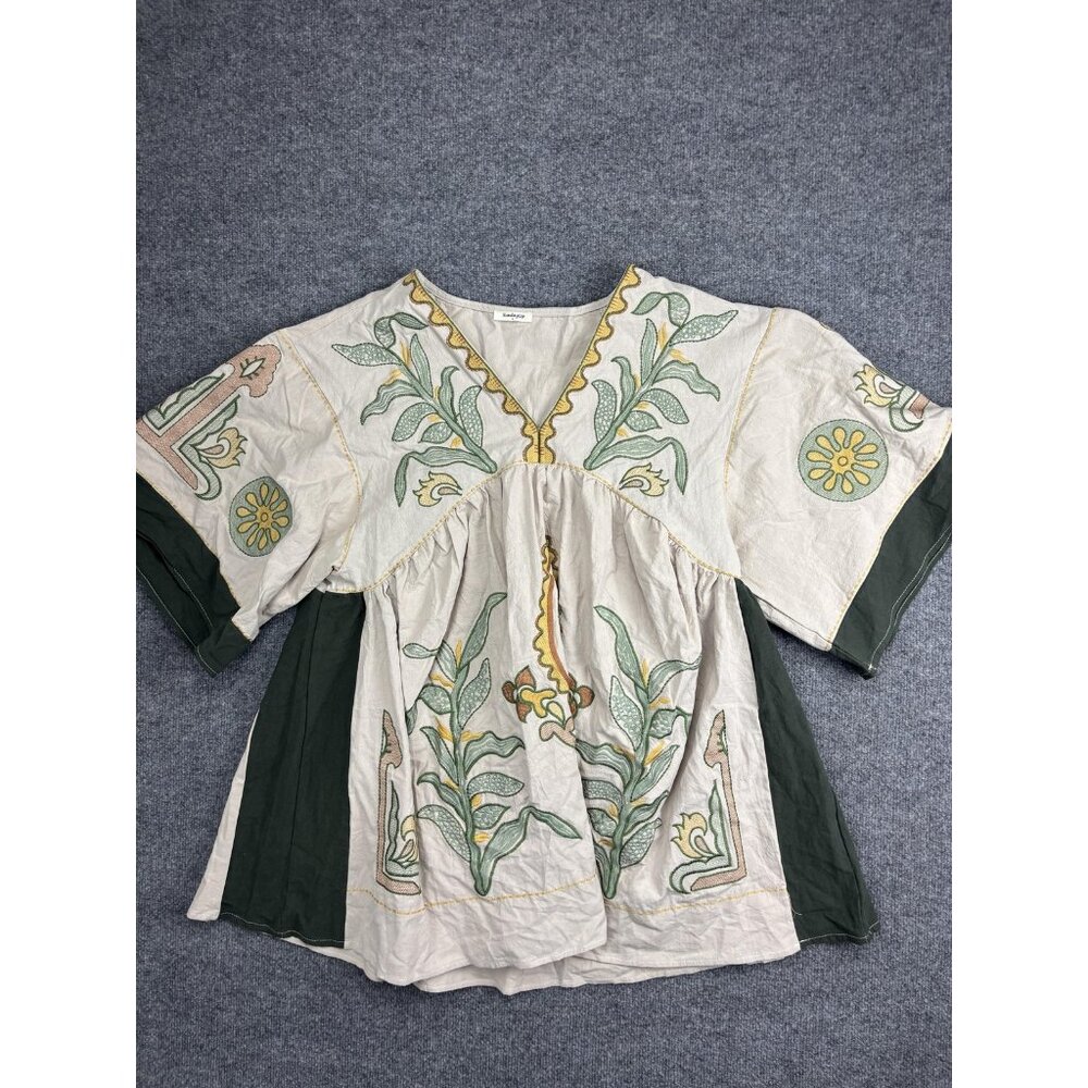 SundayUp Blouse Womens Small Beige Embroidered Floral Kimono Sleeve Tunic Top